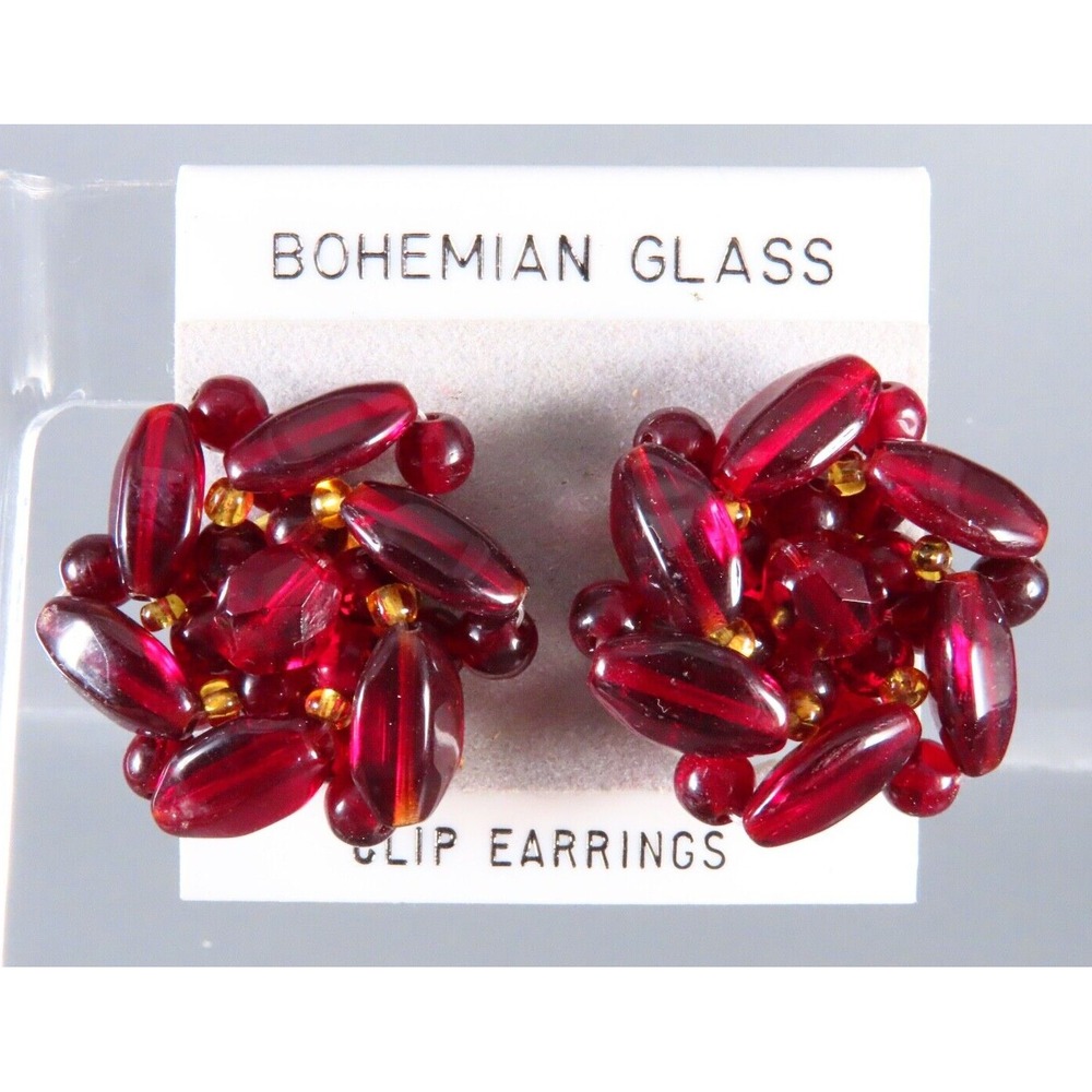 VTG NEW BOHEMIAN GLASS Clip-On Earrings DARK MAROON RED Gold Trim Beads BEADED